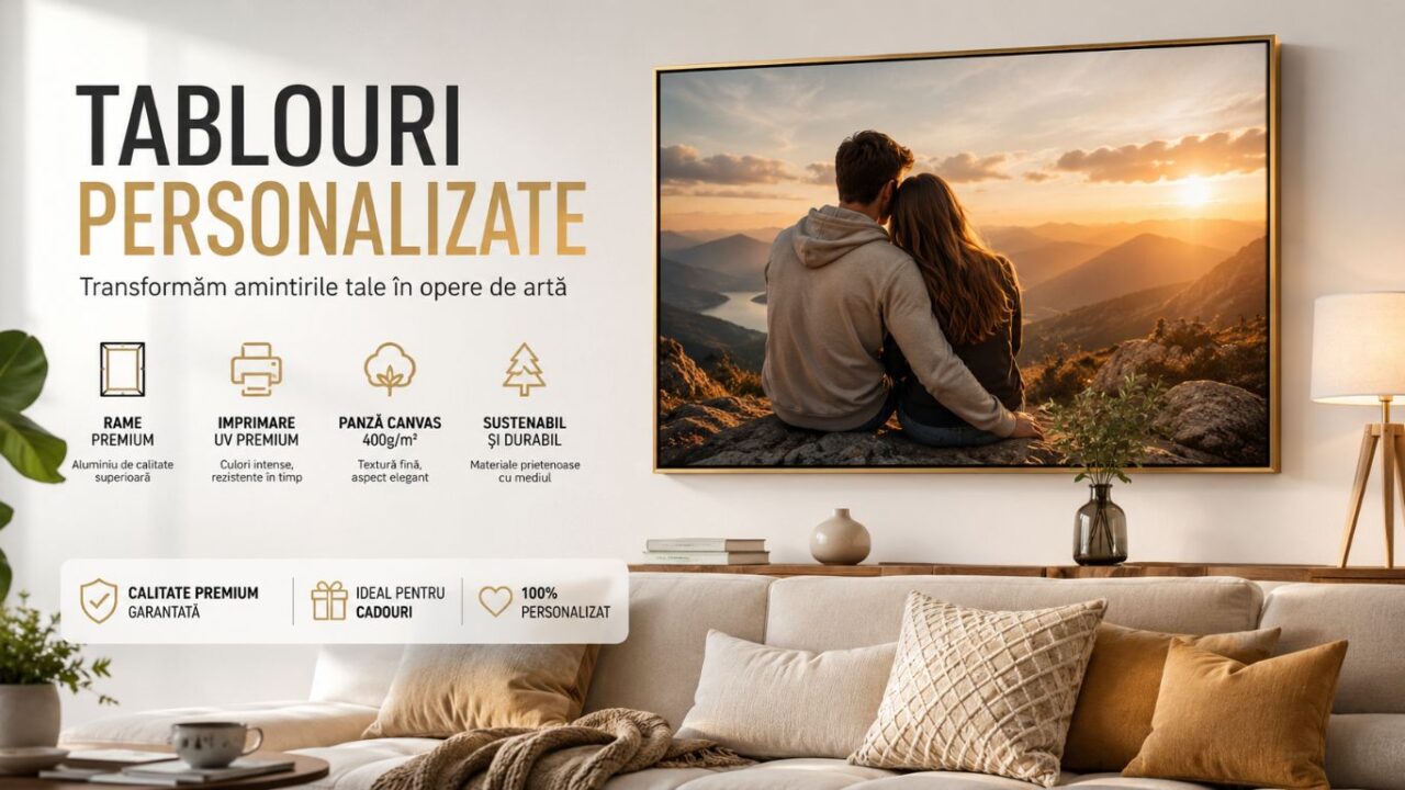 Tablou personalizat cu cuplu la apus în munți
